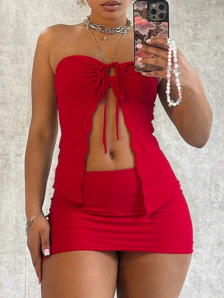 女士性感纯色抹胸镂空不对称上衣紧身一步裙套装、圣诞服装、外出服装、性感俱乐部服装、束身衣裙、露肩装、演唱会狂欢服装