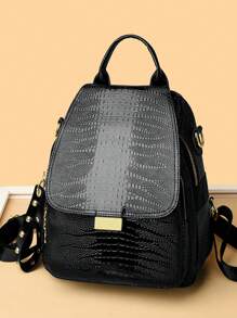 Mochila de estilo de moda con estampado de cocodrilo negro para mujer - Bolso de viaje y compras multipropósito con cremallera dorada, correa ajustable y remaches decorativos