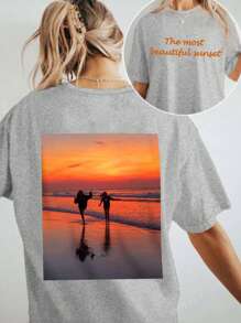 Customized Women's T Shirt - Add Your Text And Photos (Landscape / Badge Pattern / Couple Photo / Family Photo / Selfie / Pet,), Front And Back Printing, Design Your Own Personalized Printed T Shirt As A Gift To Your Girlfriend, Couple Dating Shirt, Etc For Anniversary, Valentine's Day, Mother's Day, Birthday