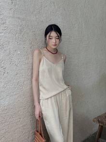 Women's V-Neck Solid Color Loose Casual Tank Top - Apricot - View 6