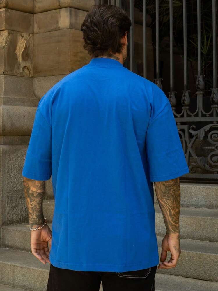 Oversized Plain Turtleneck Basic Streetwear T-Shirt For Men Unisex - Royal Blue - View 5