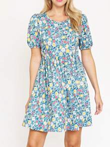 Black Yellow Ditsy Floral Puff Short Sleeve Wrap Tie Surplice V Neck  Mini Dress Swing Southern Dress | Small -3 XL - Màu xanh lam - Xem 2