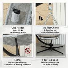 Outsunny Hanging Egg Chair Outdoor Indoor Garden Swing Chair With Folding Basket, Garden Hanging Chair With Stand, Thickened Cushion, Cup Holder For Patio, Balcony - Brown - View 7