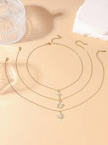 3pcs/Set Fashionable Women Necklace, Star, Planet, Heart Pendant Design, 18K Gold Plated Stainless Steel Chain, Suitable For Daily Wear And Party, Best Jewelry Gift - Gold - View 3