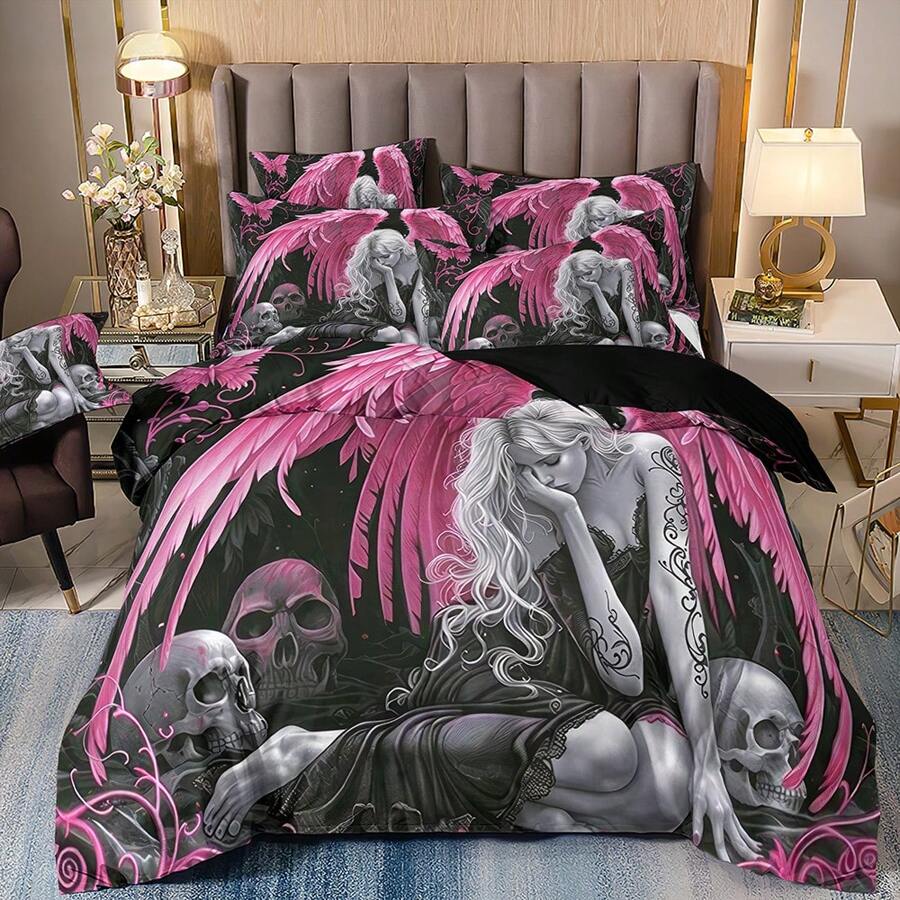 3pcs Melancholy Angel Wings Girl Print Duvet Cover Set, Soft, Comfortable And Breathable Fabric