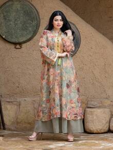 Women's Notched Collar Floral Print, Random Print, 2 In 1, Casual Long Sleeve Arabic Style Dress, Multi-Color, Modest Kaftan