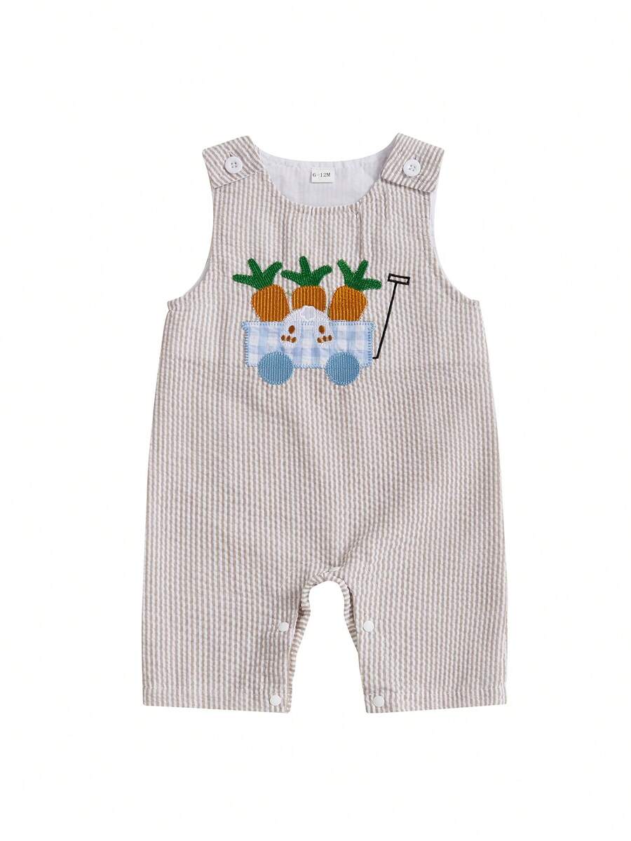 Mono de Pascua para bebés niños, informal, con estampado de rayas, zanahoria, camión bordado, sin mangas, ropa bonita - Caqui - Ver 1