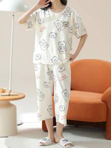 AICJ 2 件女式春夏休闲简约插肩袖卡通熊圆领套头上衣和七分裤睡衣套装，母亲节礼物，两件套 - 白色 - 查看 4