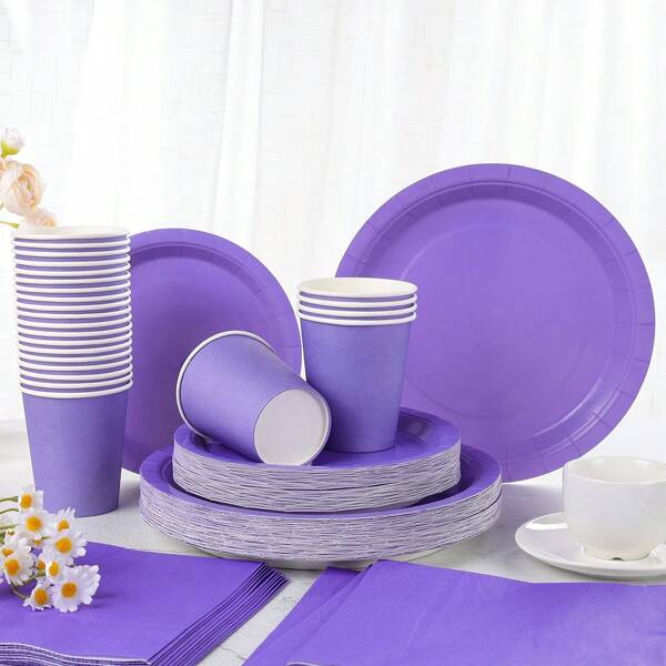 Purple Disposable Plates, Napkins, Cups, Party Supplies Fit For 24 Guests, Disposable Use Party Tableware Suitable For Birthday, Wedding, Party, Family Picnic