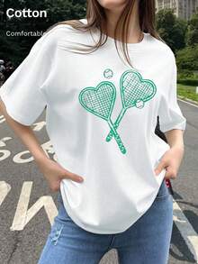 棉质女式 T 恤，心形网球拍印花，100% 纯棉，基本款宽松休闲百搭垂坠柔软透气短袖上衣 - 白色 - 查看 1