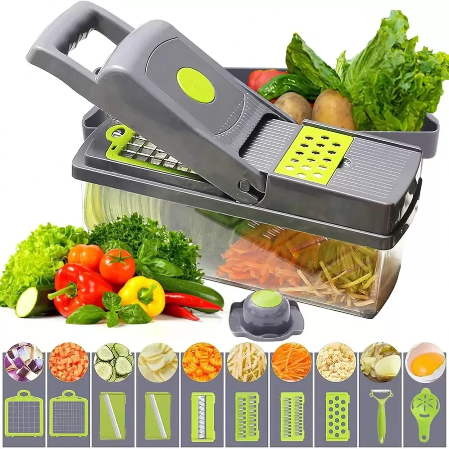 14 In 1 Vegetable Cutter With Container, Portable Manual Food Chopper For Potatoes, Onions, Salads, With Vegetable Peeler - Grey - View 1