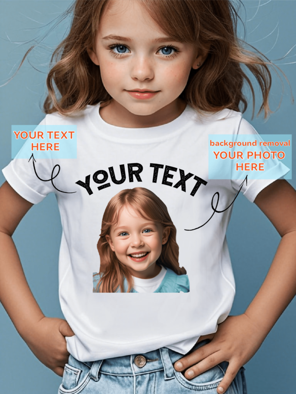Customized Photo/Design T-Shirt For Toddler Girls, Spring/Summer, Personalized Round Neck Short Sleeve Tee Shirt, Ideal For Team Uniform, Outdoor Wear, School Uniform, Holiday/Birthday Gift, Letter, Colorful, Cute, Ideal Gifts For Her, Back To School