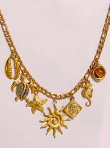 1 件复古优雅防水 18K 镀金不锈钢项链，带海龟、贝壳、海马、天然石吊坠，精致高端女士珠宝，防锈 - 多色 - 查看 8