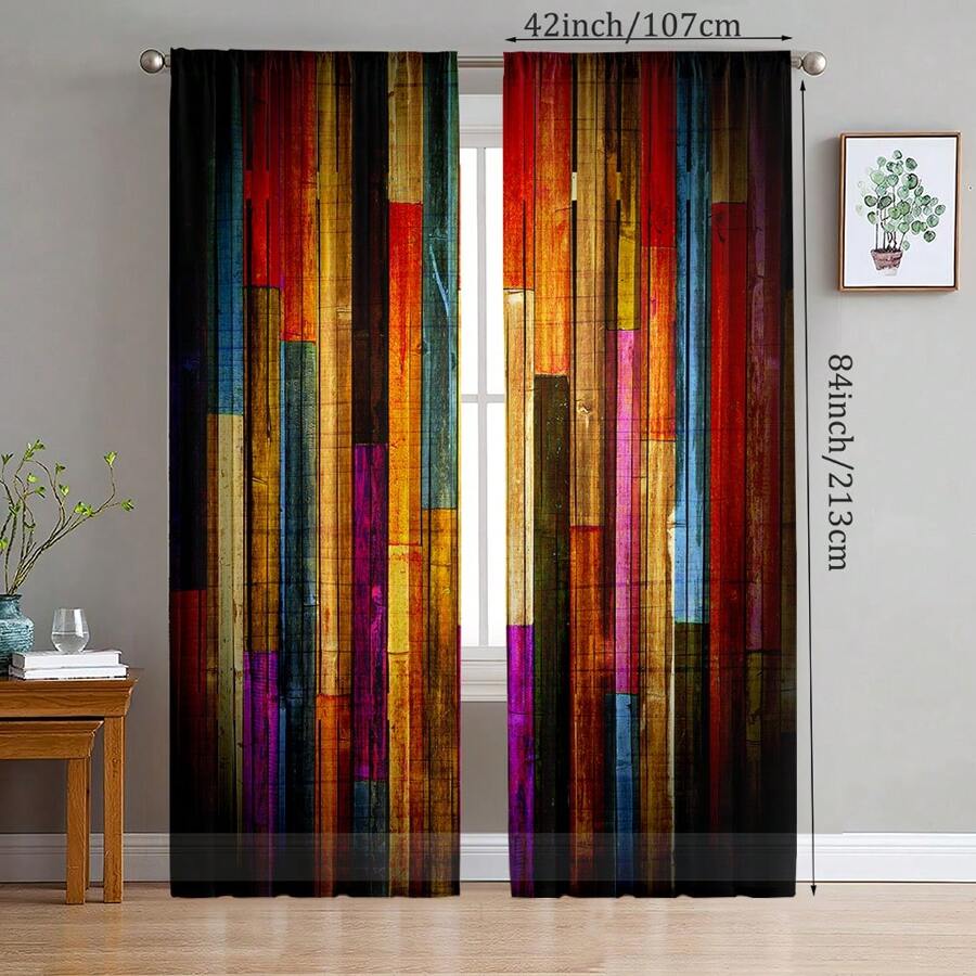 2pcs Rainbow Wood Panel Pattern Home Textile Digital Printing Curtains - Rod Pocket Design, Suitable For Living Room, Bedroom, Kitchen Home Decor - Multicolor - View 1