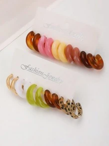 10pcs/Set Minimalist Vintage Square Geometric Pearl Resin Leopard Print Earrings Jewelry Set For Women, Daily Wear (Slight Color Difference Is Normal, Cards Randomly Shipped) - Multicolor - View 3