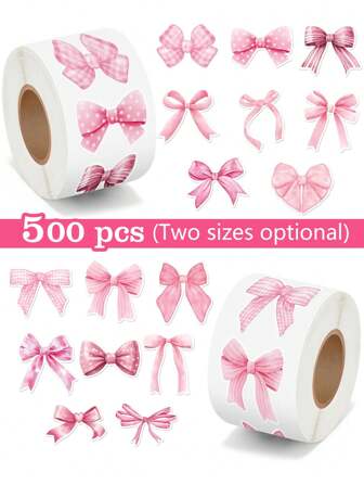 500pcs/Roll Pink Asymmetric Bow Self-Adhesive Stickers, 16 Lovely Patterns Suitable For Girls, Aesthetic Decor For Gifts, Notebooks, Laptops, Bottles, Scrapbooking, Envelopes, DIY, PVC Waterproof Stickers,School Supplies,Back To School