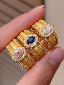 小众设计，复古鸽子蛋戒指，女款拉丝珠闪耀水钻宽面，拉丝戒指，小众时尚设计，百搭戒指，时尚高级感，优雅手链，女士日常派对配饰，时尚首饰，闺蜜礼物 - 金色 - 查看 1