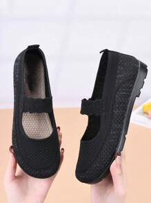 女士夏季新款网眼透气平底鞋春秋休闲鞋针织鞋面防滑软底轻便舒适一脚蹬乐福鞋 - 黑色 - 查看 5