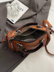 流苏装饰手提包，女士大容量单肩包，时尚拉链斜挎包，带可拆卸肩带 - 棕色 - 查看 7