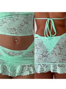 Women's Lace Mini Skirts Casual Low Waist Solid Color See Through Ruffle Skirts Bikini Coverup Skirts