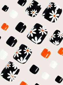 用 24 件短方形按压式脚趾甲表达您的爱意，简约优雅的白色花朵橙色雌蕊黑色假指甲时尚瓷白色脚趾甲橙色脚趾甲波西米亚风格全覆盖假脚趾甲套装，适用于女士和女孩，包括美甲沙龙用 1 块果冻凝胶和 1 个锉刀 Stri 果冻凝胶随机发货