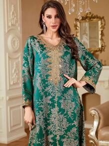 Arabic Style Jacquard Embroidered V-Neck Casual Elegant Party Muslim Long Dress, Modest Kaftan - Green - View 4