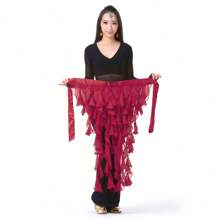 XChangeFun Belly Dance Hip Scarf Egypt Style Belt Skirt Latin Dance Tassel Wave Skirt For Outfit - 酒紅色 - 查看 2