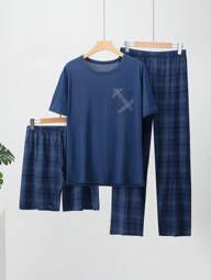 3 Pcs Men's Lightweight Pajama Set, Short Sleeve Shirt And Shorts Or Pants, Summer Plaid Sleepwear Set