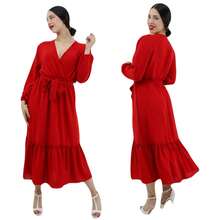 Long Plain Dress With Long Sleeve Ruffle Design V Neck Crossover With Drawstring Waist Bow Or Belt For Perfect Definition For Women Lady Sexy Fashion, Elegant Dresses