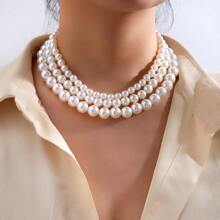 1pc Fashionable Elegant 3-Layer Faux Pearl Necklace (Pearl Surface Has Slight Imperfections) - White - View 1