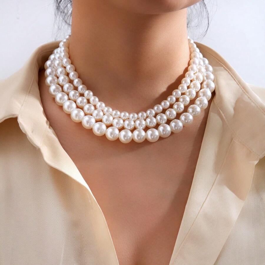 1pc Fashionable Elegant 3-Layer Faux Pearl Necklace (Pearl Surface Has Slight Imperfections) - White - View 1