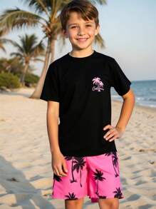 2 piezas/set Conjunto de ropa de playa informal para niño preadolescente 2024 nuevo con estampado de palmera, camiseta de cuello redondo de manga corta y shorts - Multicolor - Ver 3