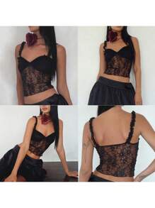 Women's Summer Fashion Cami Tops Black Sleeveless Open Back Lace Floral Cropped Vest - Black - View 8