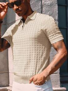 Men's Solid Color Zip-Up Polo Knit Short Sleeve Top, 2025 New Business Casual Breathable Short Sleeve Knit Sweater - Apricot - View 4