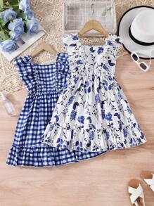 2 chiếc váy chữ A không tay in họa tiết hoa và lưới cho bé gái, thời trang thường ngày mặc ngày hè, mặc trong nhà và ngoài trời - Nhiều màu - Xem 2
