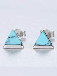 1 Pair Turquoise Triangle Stud Earrings, S925 Sterling Silver Platinum Plated Fashion Luxury Ear Studs, Unisex - Silver - View 3