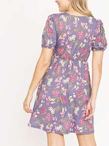 Black Yellow Ditsy Floral Puff Short Sleeve Wrap Tie Surplice V Neck  Mini Dress Swing Southern Dress | Small -3 XL - 紫丁香色 - 查看 2