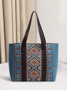 Damen Shopper, Blauer Boho-Stil Schultertasche, großer Handtaschenraum für Studentinnen, Bürotasche für Berufspendler, Tasche für Laptop, Tablet-Aufbewahrung