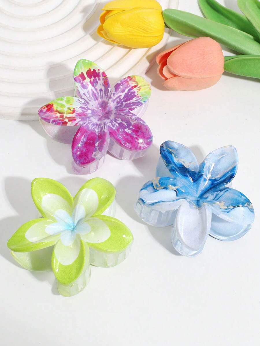 3 Pcs Women's Casual Sweet Flower Print Colorful Hair Clips, Suitable For Daily Matching - Multicolor - View 1