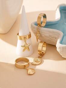 4 Pieces Set Ocean Style Gold Metal Shell, Starfish, Conch Pendant Rings Set, Suitable For Women's Everyday & Holiday Outfits