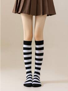 1双/包 女士日式条纹长筒袜 COSPLAY 动漫派对角色扮演条纹少女长筒袜，Y2K风格，舒适袜子