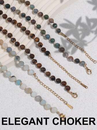 6mm Natural Stone Knotted Beaded Necklace, Frosted Amazonite Choker, Tiger Eye Choker, Elegant Gemstone Necklace, Dainty Jewelry Birthstone Necklace Gift