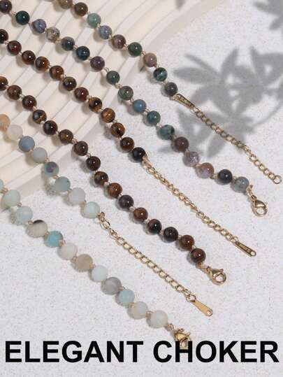 6 毫米天然石打结串珠项链、磨砂亚马逊石颈链、虎眼石颈链、优雅宝石项链、精致珠宝诞生石项链礼物