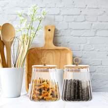 2PCS Glass Coffee Nuts Canister Airtight Storage Jar Petal Decorative Container With Bamboo Lid Metal Handle For Kitchen, Pantry, Or Dry Food Storage .Easy To Grasp 700ml, 23 FL OZ - 2PCS-cone-bamboo Cover - View 5