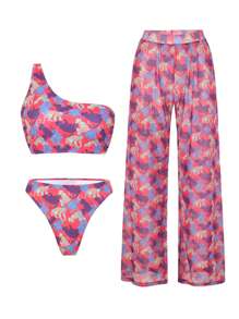 New Summer Monkey Print One-Shoulder Thong Bikini Swimwear Set - Multicolor - View 1