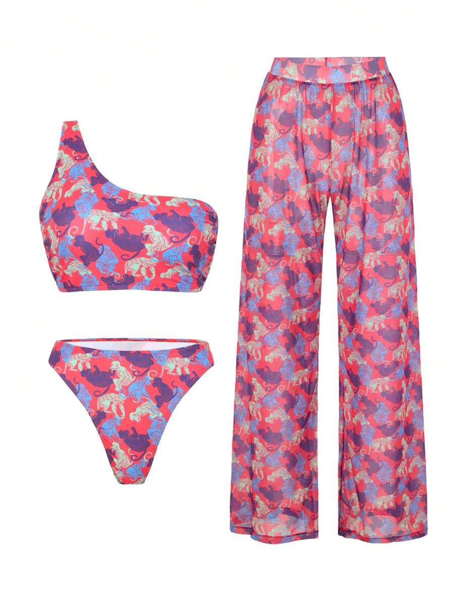 New Summer Monkey Print One-Shoulder Thong Bikini Swimwear Set - Multicolor - View 1
