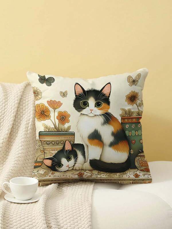 1pc Cute Cat Printed Cushion Cover, Modern Throw Pillow Case, Single-Sided Printed, Without Filling, For Sofa, Home Decor Pillow Sham