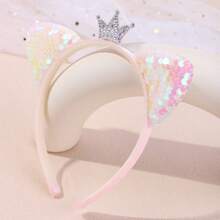 1 件全水晶小皇冠亮片猫耳头带，可爱动物派对涤纶弹力罗纹头带，适合所有季节 - 亮片皇冠貓耳朵髮箍 - 查看 5