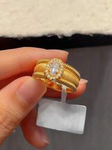 小众设计，复古鸽子蛋戒指，女款拉丝珠闪耀水钻宽面，拉丝戒指，小众时尚设计，百搭戒指，时尚高级感，优雅手链，女士日常派对配饰，时尚首饰，闺蜜礼物 - 金色 - 查看 15