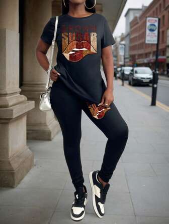 大码字母印花圆领休闲短袖T恤春夏图案T恤女上衣裤子套装